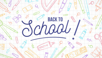 Back to School ! Colorful banner with office supplies.