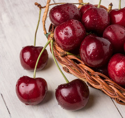 sweet cherries in a basket on the table