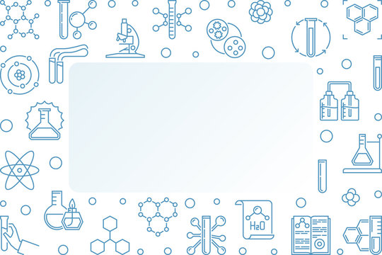 Chemistry vector blue linear concept horizontal frame on white background