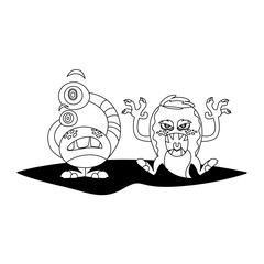 funny monsters couple comic characters monochrome