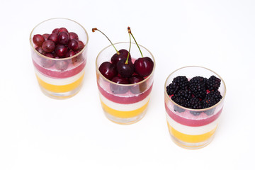 Fruit jelly or jello with panna cotta and eresh fruits and berries. Healthy food. Summer homemade...