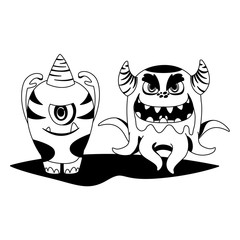 funny monsters couple comic characters monochrome