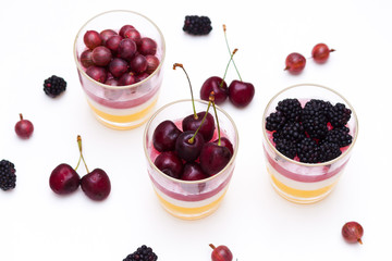 Fruit jelly or jello with panna cotta and eresh fruits and berries. Healthy food. Summer homemade dessert. Flat lay.