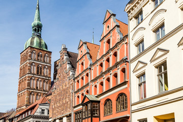 St. Nicholas  Church with old gabled houses. Stralsund, Germany