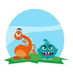 funny monsters couple in the field characters colorful