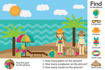 Activity page, summer beach in cartoon style, find images and answer the questions, visual education game for the development of children, kids preschool activity, worksheet, vector illustration
