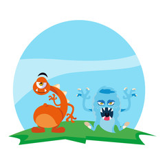 funny monsters couple in the field characters colorful