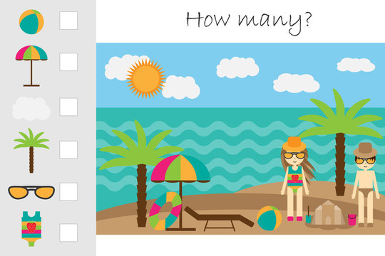 How many counting game, summer beach for kids, educational maths task for the development of logical thinking, preschool worksheet activity, count and write the result, vector illustration