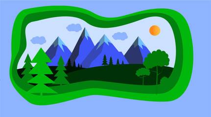 View for the mountains scenery flat. Cartoon image. A vacation to the mountains, relax. Nature of forest, fields, and mountains on a sunny day.