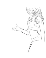 sexy healthy girl line art show hand to hold something. vector illustration isolated cartoon hand drawn