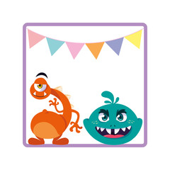 square frame with funny monsters and garlands hanging