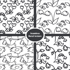 Set of seamless floral patterns. Hand drawn linear black and white doodle illustration