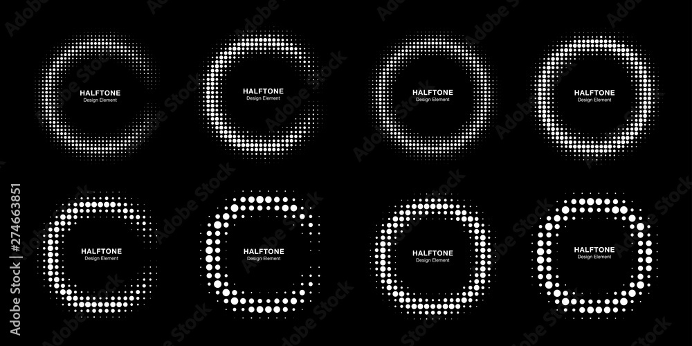 Poster halftone white circle frame dots logo emblem set isolated on background. circular design element for
