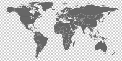 World Map vector. Gray similar world map blank vector on transparent background.  Gray similar world map with borders of all countries.  High quality world  map.  Stock vector. Vector illustration EPS - obrazy, fototapety, plakaty
