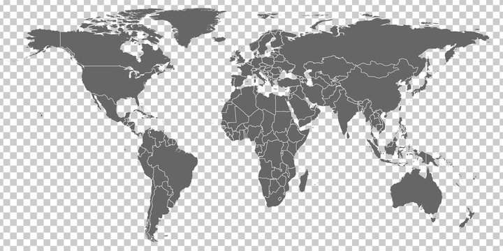 World Map vector. Gray similar world map blank vector on transparent background. Gray similar world map with borders of all countries. High quality world map. Stock vector. Vector illustration EPS © katarinanh
