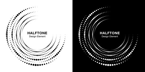 Set of Halftone incomplete circle frame dots logo isolated on background. Circular part design element for treatment, technology. Half round border Icon using halftone circle dots texture. Vector © Bank Design Elements