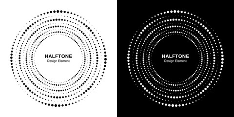 Set of Halftone circular dotted frame. Circle dots isolated on the white background. Logo design element for technology, medical, treatment. Round border using halftone circle dots texture. Vector.