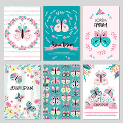 Collection of empty card templates for party invitation,wedding stationery, flyer design with hand drawn flowers, textures and butterflies