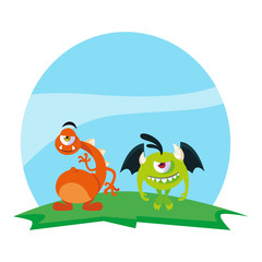 funny monsters couple in the field characters colorful