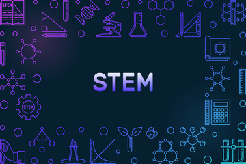 Fototapeta premium STEM concept outline horizontal colored frame - vector Science, Technology, Engineering and Math illustration on dark background