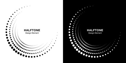 Set of Halftone incomplete circle frame dots logo isolated on background. Circular part design element for treatment, technology. Half round border Icon using halftone circle dots texture. Vector © Bank Design Elements