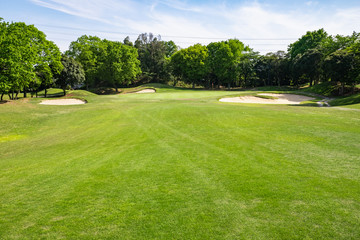Fototapeta premium Golf Course with beautiful green field. Golf course with a rich green turf beautiful scenery.