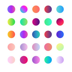 Set round soft color modern abstract gradients on white background. Rounded holographic gradient sphere button. Multicolor green, purple, orange, cyan fluid circle gradients for web and mobile app