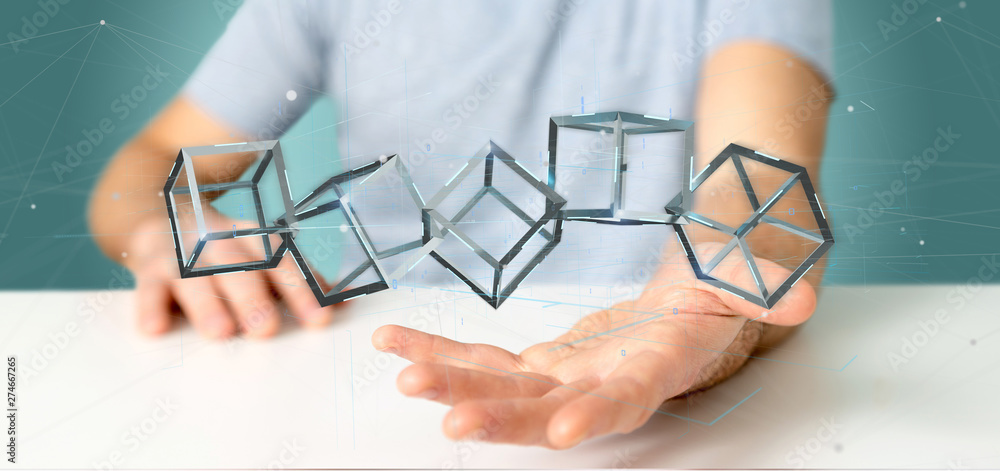 Poster businessman holding a 3d rendering blockchain cube isolated on a background