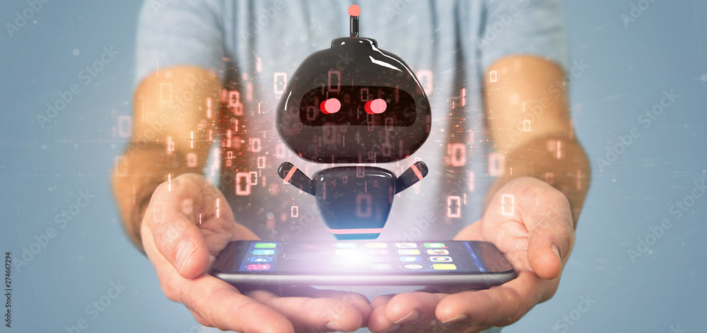 Poster businessman holding virus chatbot with binary code 3d rendering