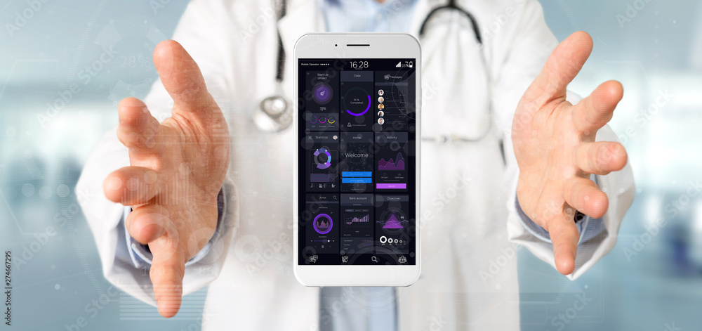 Poster doctor holding smartphone with user interface data on the screen isolated on a background