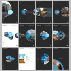 Minimal brochure templates with circle elements on black background. Templates for flyer, leaflet, brochure, report, presentation, advertising.