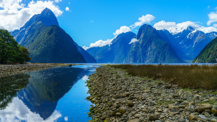 Fototapeta premium reflections of mountains in the water, milford sound, new zealand 40