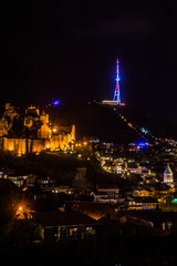 Fototapeta na wymiar Nariqala and tiflis tv tower at night