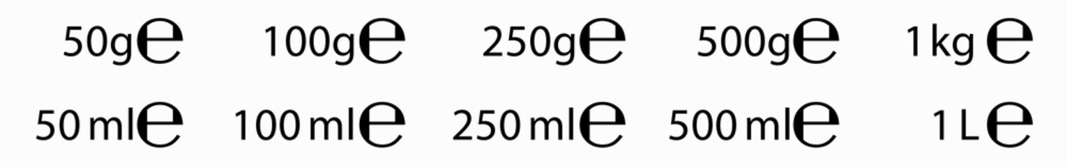 E sign (e-mark) for estimated weights and volumes. Vector symbol for packaging and labels used in the European Union for prepacked foods, drinks and cosmetics in different grams and milliliters.