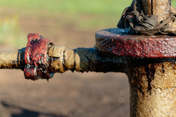 Fototapeta premium Oil, gas industry. Group wellheads and valve armature
