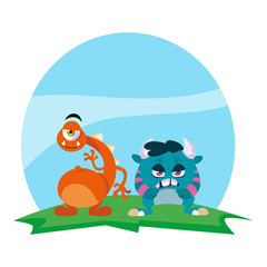 funny monsters couple in the field characters colorful