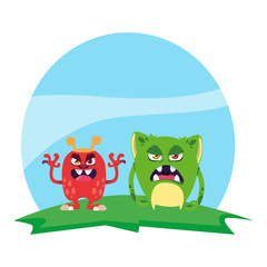 funny monsters couple in the field characters colorful