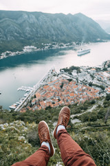 Panoramas of the night city and fortress. Evening Bay of Kotor, Montenegro.