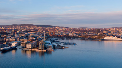 Sunset aerial view on Aker Brygge and Filipstad in Oslo, Norway