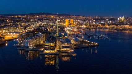 Night aerial view on Aker Brygge and Filipstad in Oslo, Norway