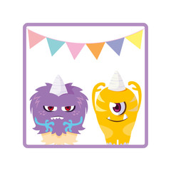square frame with funny monsters and garlands hanging