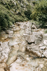 Atmospheric nature and mountain river. Beautiful mountain waterfall in Montenegro.