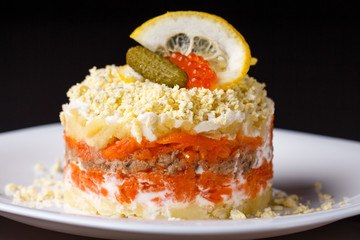 Fresh delicious salad with potatoes, carrots and canned tuna