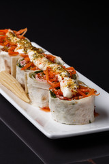 Rolls with pita and ham on white plate