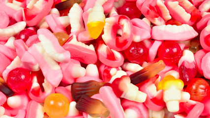Assorted gummy candies. Top view. Jelly  sweets.