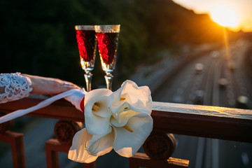 bridal bouquet at sunset