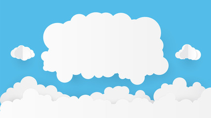 Paper art with cloud on blue sky. Copy space. Speech Bubble, White blank hanging.