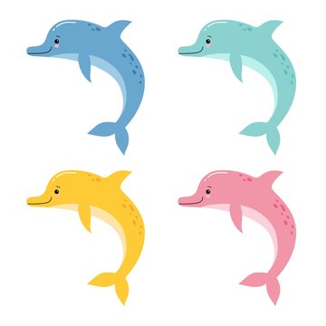 Vector cute illustration of a funny colorful dolphins jumping fun on a white background
