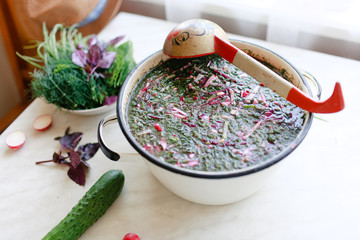 Okroshka -Russian traditional summer cold soup with kvass, meat, vegetables, egg