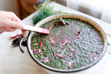 Okroshka -Russian traditional summer cold soup with kvass, meat, vegetables, egg